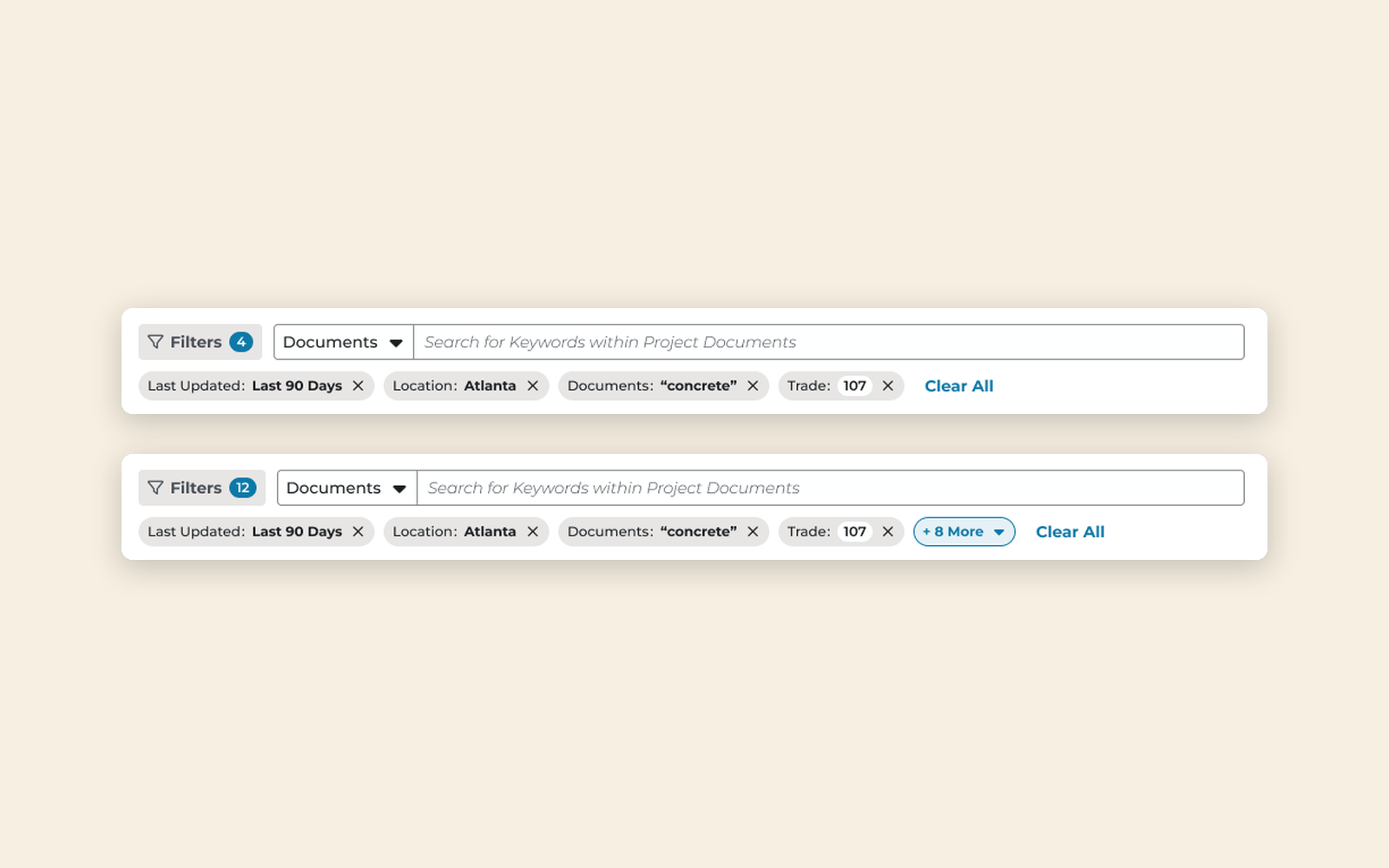 Applied filter pills showing project value, category, and location