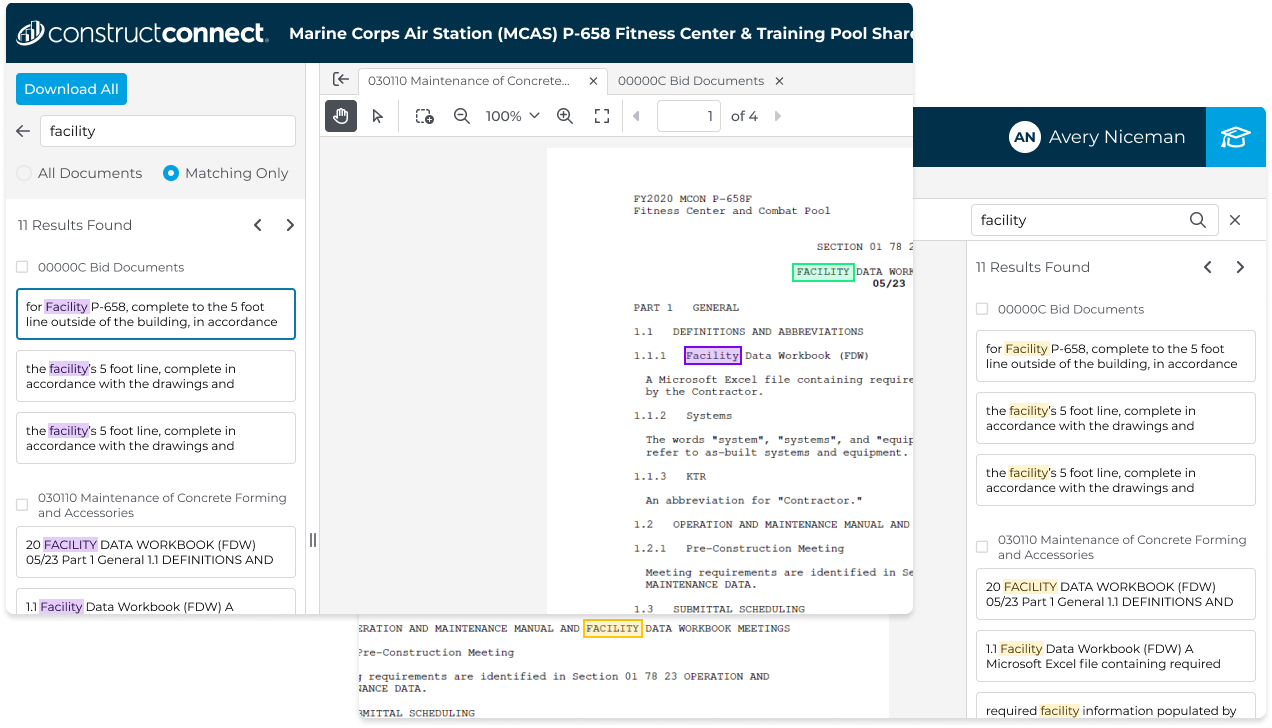 Document viewer showing keyword matches for the term facility highlighted in purple across the results list and the document body, with desktop and mobile views side by side