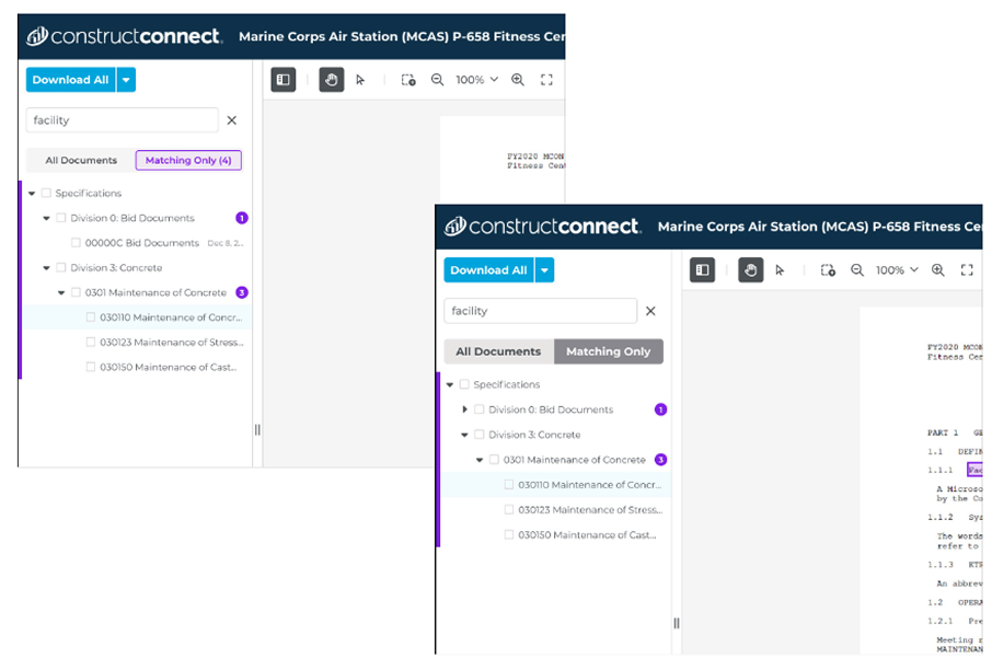 Document viewer search results showing matching-only toggle with per-document match counts
