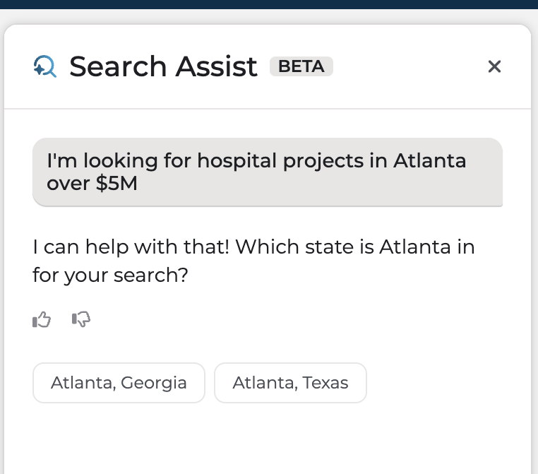 Search Assist asking which state Atlanta is in, offering Atlanta, Georgia and Atlanta, Texas as tappable options