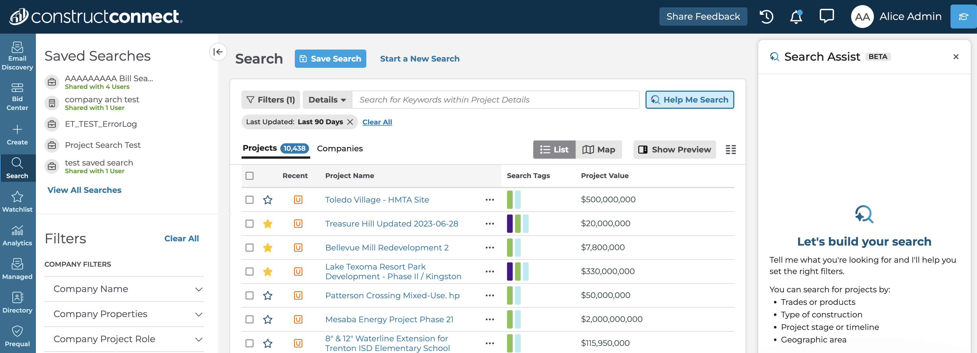 Search Assist panel open beside the search results page, showing the empty state prompt: Let's build your search