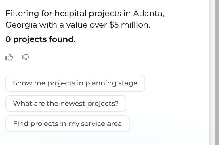 Search Assist response showing zero projects found with suggested next steps: show projects in planning stage, newest projects, projects in my service area