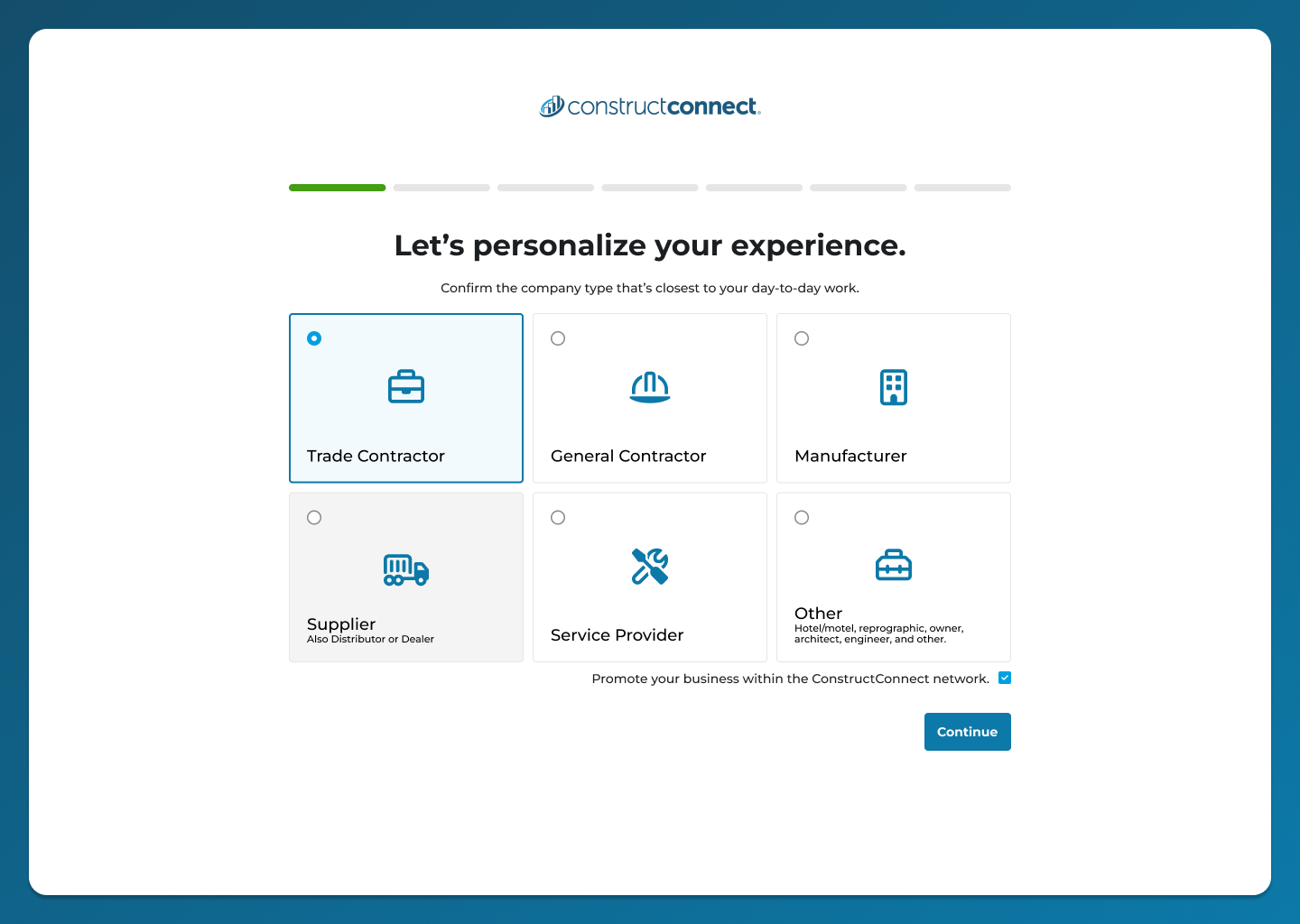 Guided Onboarding onboarding wizard, first screen: company type selection