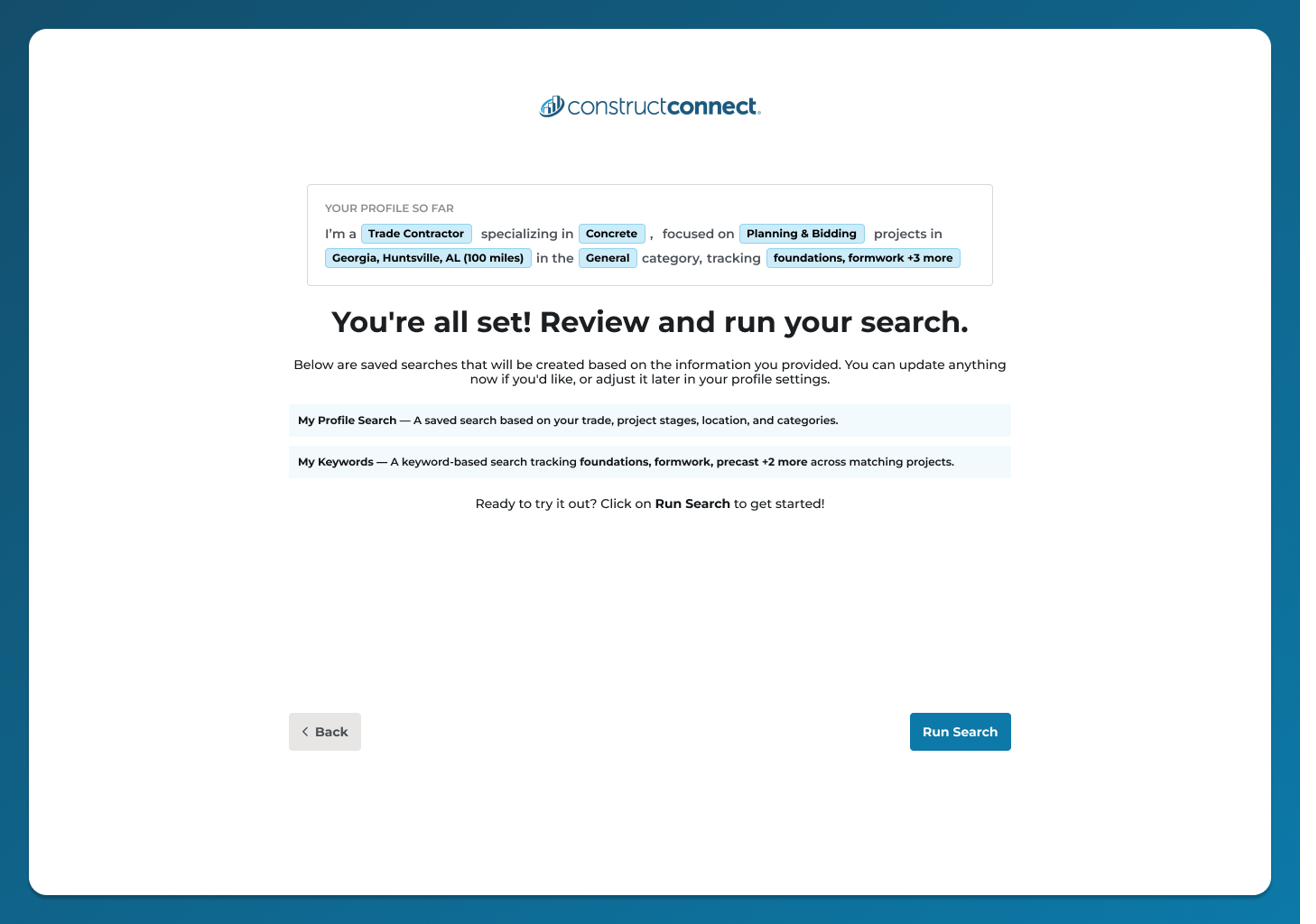 Confirmation screen showing My Profile Search and My Keywords saved searches