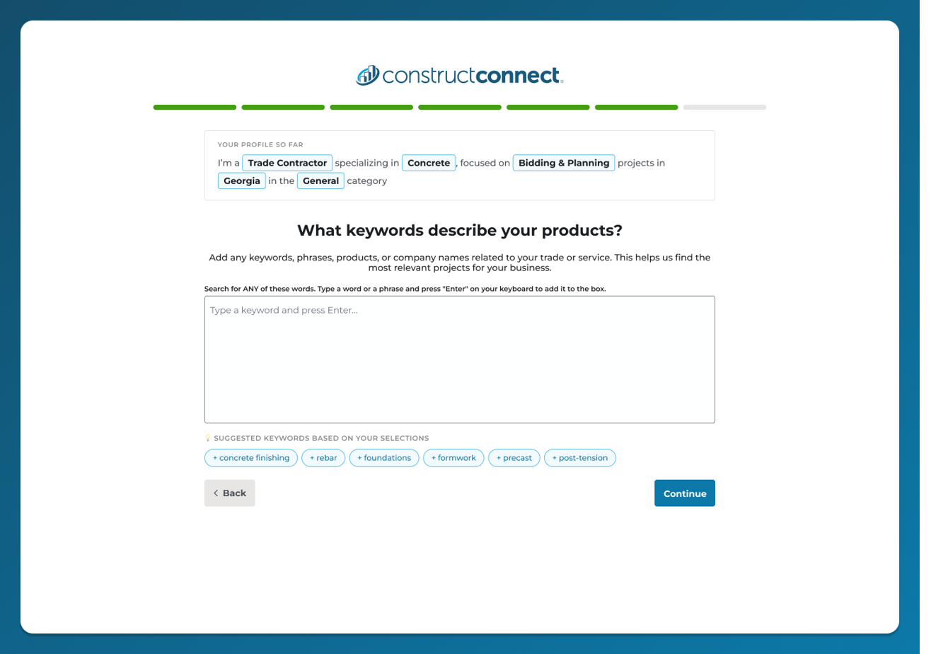 Keyword selection screen with AI-suggested keywords