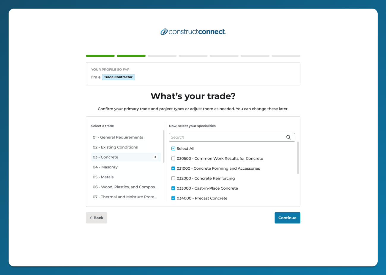 Trade and specialty selection screen